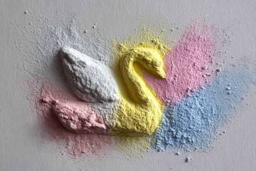 Poster - Colorful swan design created with powder pigments on a blank surface in a creative crafting space