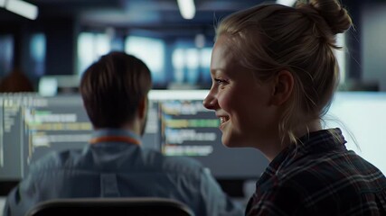 Smiling Blonde Programmer in Plaid Shirt Working in a Data Center with Computers and Coworkers