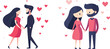© Hoody Baba - Happy couple in love walking and standing holding hands with floating hearts vector illustration for Valentines Day wedding or anniversary greeting card