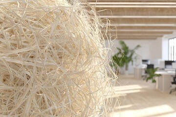 Poster - Interior design featuring a unique straw art piece in a modern workspace with bright lighting and minimalistic furniture, showcasing creativity
