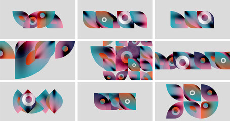 Poster - Abstract colorful shapes arranged in grid. Overlapping forms create dynamic visual patterns. Smooth gradients, modern design.