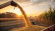 © MdRubel - Combine harvester unloads golden corn kernels into a truck at sunset