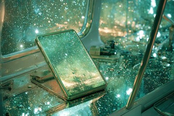 Poster - Reflection of a galaxy captured on a smartphone screen in a cosmic setting with sparkles and glowing elements