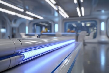 Poster - Modern interior of a futuristic workspace with blue lighting and sleek design features