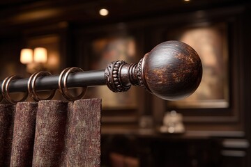 Poster - Decorative curtain rod with ornate finial and rich fabric in a sophisticated indoor setting