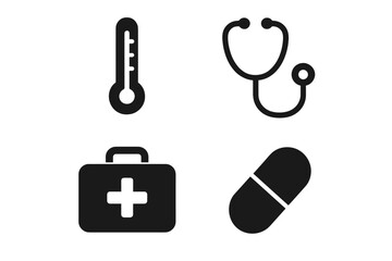 Poster - Healthcare tools icons. Solid glyph icon set for medicine and health. Thermometer, stethoscope, first aid kit, and pill capsule vector illustration for web and mobile app design.