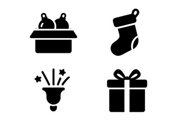 Poster - Christmas holiday solid glyph icon set. Simple black silhouette vector symbols. Contains gift box, present, stocking, jingle bell, and ornaments in a box illustration.