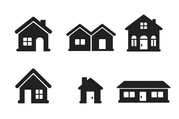 Poster - House icons set. Black solid glyph pictogram collection of different home front views. Real estate symbols. Vector of suburban home, duplex, villa, cabin, tiny house.