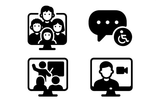 Inclusive classroom icon set. Virtual education, e-learning and diversity concept. Accessible communication for disabled people. Online lesson and video conference symbols.