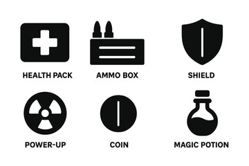 Poster - Game icon set for user interface design. Solid glyph vector collection of in-game items: health pack, ammo box, shield, power-up, coin, and magic potion for UI/HUD.