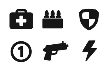 Poster - Game icons set for video game user interface. Solid glyph collection of in-game items like health pack, ammo box, gun, shield, and energy power-up. Flat design for HUD.