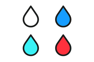 Poster - Colorful drop icon set. Water, ink, blood, or liquid droplet symbols. Simple flat vector illustration collection. Outline, blue, red, and cyan colored liquid signs.