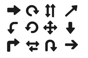 Poster - Arrow icons set. Black simple navigation sign collection. Vector illustration for web design. Direction pointers symbol, next, refresh, reload, move, up, down, turn.