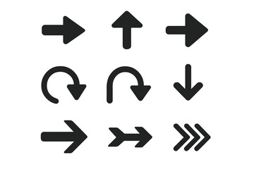Poster - Black arrow icons set. Vector illustration collection of simple modern pointers and cursors for web navigation. Direction signs for next, back, up, down, refresh, forward.