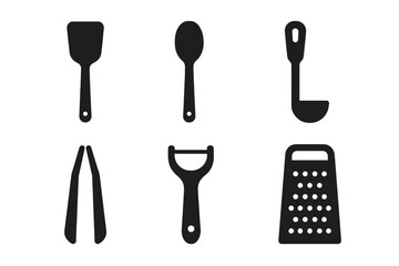Poster - Kitchen utensil icon set. Solid glyph symbols for cooking. Spatula, spoon, ladle, tongs, peeler, grater. Isolated vector illustration on a white background.