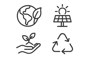 Poster - Ecology and environment icon set. Line art symbols for sustainability, green energy, and conservation. Vector illustration includes earth, solar panel, plant, recycle.