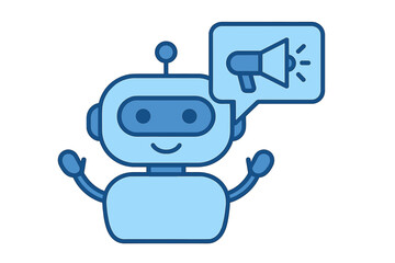 Poster - Chatbot for marketing and advertising. Cute robot with megaphone for promotion. AI assistant for customer service and support. Flat vector illustration for web design.