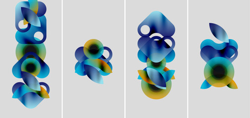 Poster - Abstract shapes, blue tones dominate. Gradient colors blend, creating fluid forms. Minimalist design, four panels displayed.