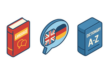 Poster - Language learning isometric icon set. English German translation and communication concept. Speech bubble with UK and Germany flags. Language textbook and dictionary vector.