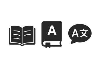 Poster - Language learning solid icon set. Translation, dictionary, communication symbols. Vector glyphs for education, vocabulary, reading, and dialogue pictogram.