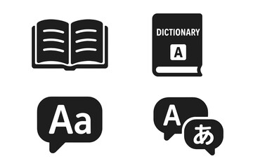 Poster - Language learning icon set. Translation and communication symbols. Dictionary, open book, and speech bubble glyphs. Foreign language education vector illustration.