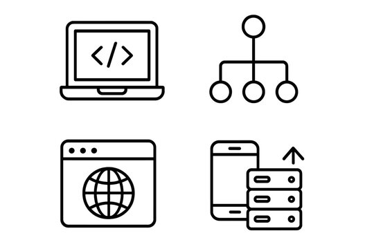 Information technology line icon set for web and mobile app development. Includes programming, network structure, website browser, and data server upload vector symbols. IT concept.