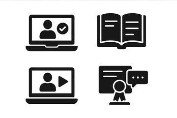 Poster - E-learning icon set. Solid glyph icons for online education, training course, webinar, and video lecture. Vector symbols of book, laptop, certificate, and graduation.