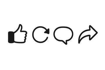 Poster - Social media icon collection with like, comment, share, repost buttons. Vector symbols for web and app UI design. Thumbs up, feedback, and engagement signs set.