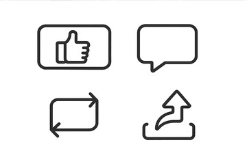 Poster - Like, Comment, Share, and Repost social media icons set. Thumbs up, speech bubble, and arrow symbols for web, app interface, and notifications. Vector line art design.