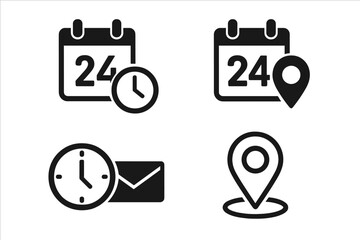 Fototapete - Date time location icon set. Calendar schedule, clock timer, map pin pointer concepts. Event appointment, deadline reminder, address message vector symbols collection for web UI.