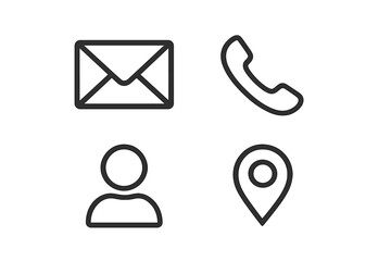 Poster - Business card contact information icons. Vector line art collection of minimal symbols for communication. Phone, mail, user, and location pin pictogram for web UI design.