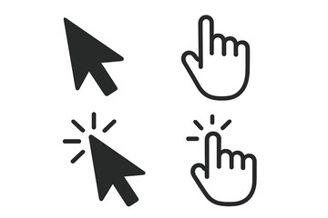 Fototapete - Computer mouse cursor and hand pointer symbol set for website design. Click button vector illustration. Arrow and finger press icons for user interface element.