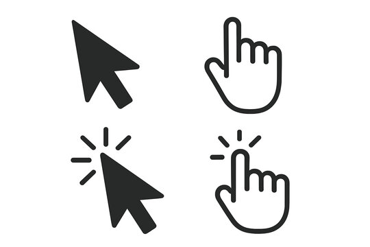 Computer mouse cursor and hand pointer symbol set for website design. Click button vector illustration. Arrow and finger press icons for user interface element.