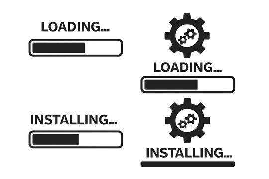 Loading and installing progress bar vector icon set. System update, software installation process status. User interface UI, UX design element with gear for web, app.