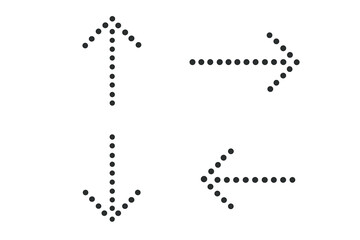 Poster - Set of dotted arrows vector collection. Four black arrow icons pointing up, down, left, right. Simple dot pattern design element for direction, navigation, pointer symbol.