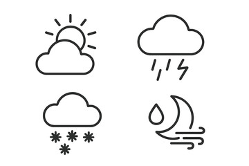 Poster - Weather forecast icon set. Line art web and mobile app interface elements. Sunny, cloudy, thunderstorm, snow, and windy night symbols. Meteorology pictograms collection.