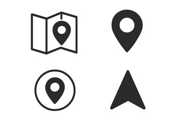 Fototapete - Map location pin and navigation arrow icon set. Simple glyph symbol collection for GPS direction, route, and destination. Vector for UI UX web mobile app design element.