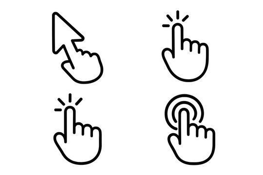 Hand click vector icons set. Clicking finger, computer mouse pointer, and cursor symbols collection. Website interface button and press gesture for web, app, UI, UX design.