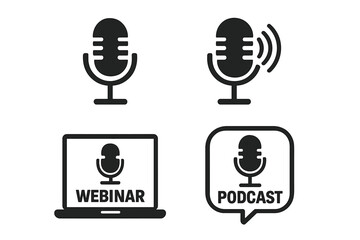 Fototapete - Podcast and webinar icon set. Vector microphone symbols for broadcasting, audio recording, interviews, and online streaming. Flat design for web, logo, and mobile apps.
