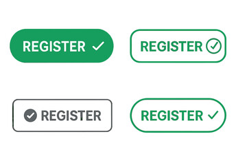 Fototapete - Modern register now button collection. Vector web elements for user registration on websites, services, and blogs. Green CTA call to action graphic set with checkmark icon.