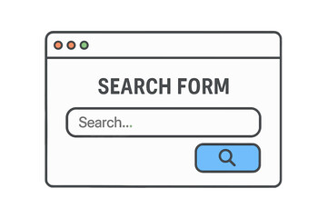 Fototapete - Search form template for website. User interface element for web design. Search bar, box, and button with magnifying glass icon. Internet browser window vector illustration.