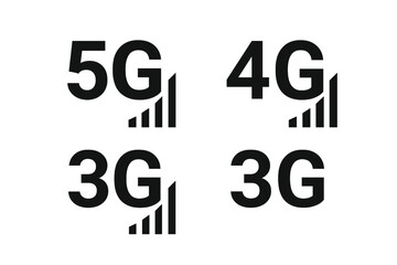 Fototapete - 5G, 4G, 3G mobile network icon set. Internet connection signal strength symbol. Wireless communication technology generation. Vector graphic illustration for web and mobile app.