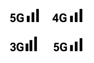 Fototapete - 5G, 4G, 3G network signal strength icons set. Mobile internet connection symbol. Wireless communication technology vector. Phone data connection status bar graphic element.