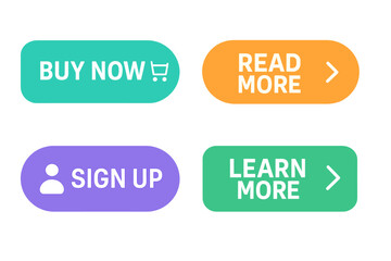 Fototapete - Vector call to action button set for web design. Modern flat UI elements for websites and apps. Includes Buy Now, Sign Up, Read and Learn More. Colorful graphic interface pack.