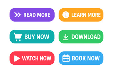 Fototapete - Vector call to action buttons set for web and app design. Colorful modern flat UI kit. Read more, buy now, download, book, watch now icons. Website interface elements.