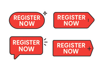 Fototapete - Register now button set. Call to action web buttons for website and UI design. Vector graphic illustration of sign up sticker, tag, and label collection. Red banner.