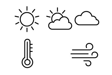 Poster - Weather forecast outline icon set. Meteorology symbols collection. Sun with rays, partly cloudy, wind, and temperature gauge. Simple line art vector illustration design.
