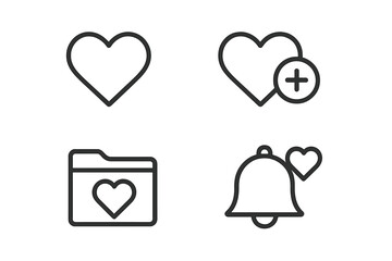Fototapete - Wishlist icon set. Outline style favorites heart, add to wishlist button, favorite list folder, and notify alert bell. Simple linear vector for web, app, UI, UX design.