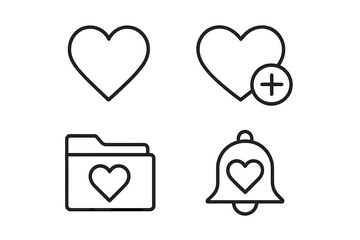 Fototapete - Wishlist and favorites outline icon set. Simple line art vector symbols for web and app UI UX design. Includes heart, add to favorites button, saved folder, and notification bell.