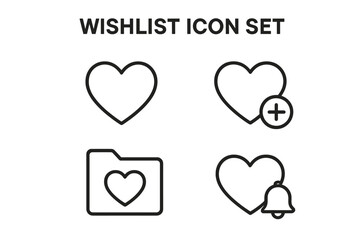 Fototapete - Wishlist icon set. Favorite heart line icons collection. Add to wishlist button, like, save to folder, and notification bell symbols for web, app, and e-commerce UI/UX.